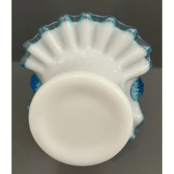 Fenton Basket Aqua Blue Crest Milk Glass‎ Ruffle Edge Bamboo Handle Top Hat VTG - Picture 11 of 13